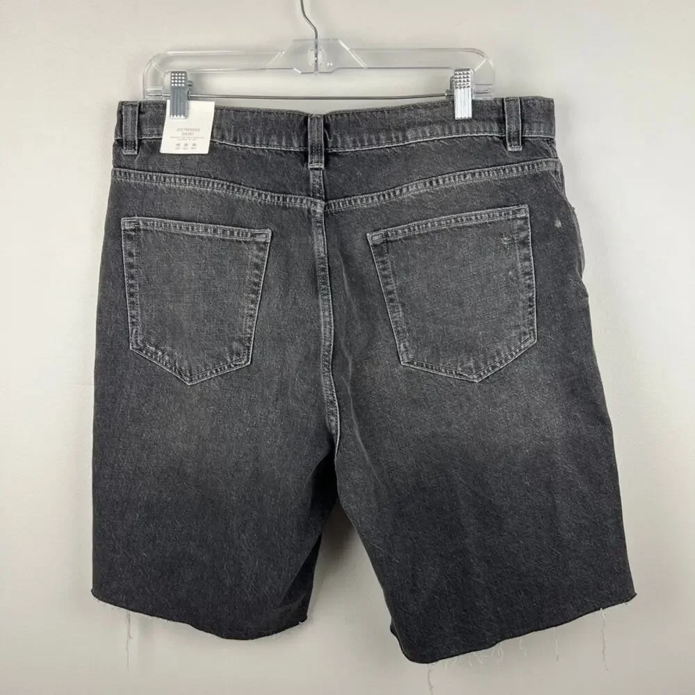 NWT Zara Men's Relaxed Fit Distressed Raw Hem Denim Shorts Black Size 36